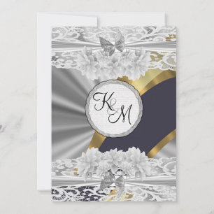 Silver Gold White lace monogram bruiloft Kaart