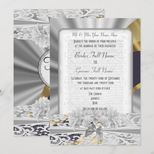 Silver Gold White lace monogram bruiloft Kaart (Voorkant / Achterkant)