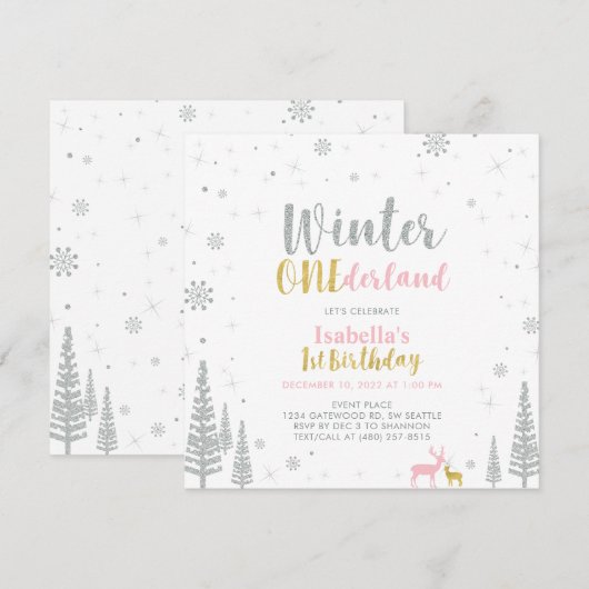 Silver & Gold Winter Onederland 1e verjaardag Kaart (Voorkant / Achterkant)
