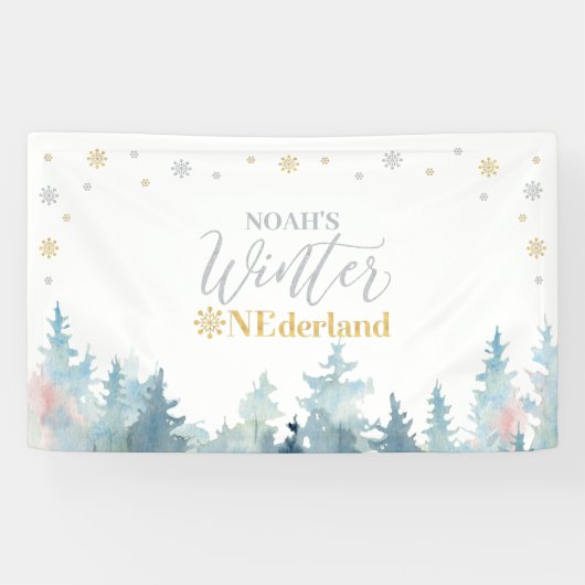 Silver & Gold Winter Onederland 1e verjaardag Spandoek (Horizontaal)