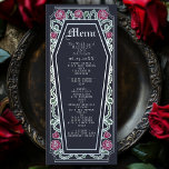 Silver Gothic Coffin Roos Blue Wedding Menu<br><div class="desc">Voeg een vleugje gotische elegantie toe aan uw feest met deze huwelijksmenu's met een kistvormig lijst, versierd met doornen, rozen en zilveren accenten tegen een diepblauwe achtergrond. Perfect voor een spookachtig romantische eetervaring! Pas de tekst, het lettertype en de achtergrondkleur aan uw ontwerpvoorkeuren aan. Overeenkomende items in onze winkel voor...</div>