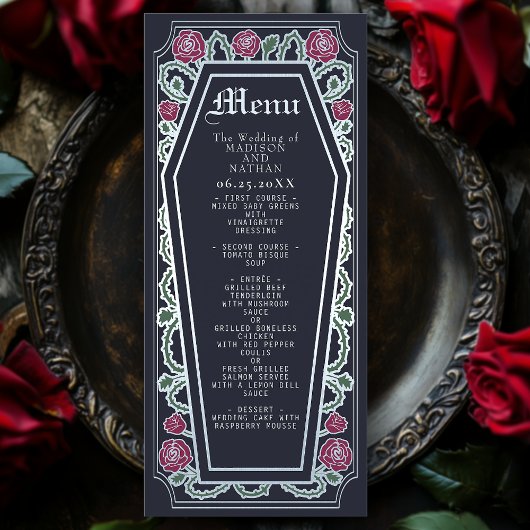 Silver Gothic Coffin Roos Blue Wedding Menu