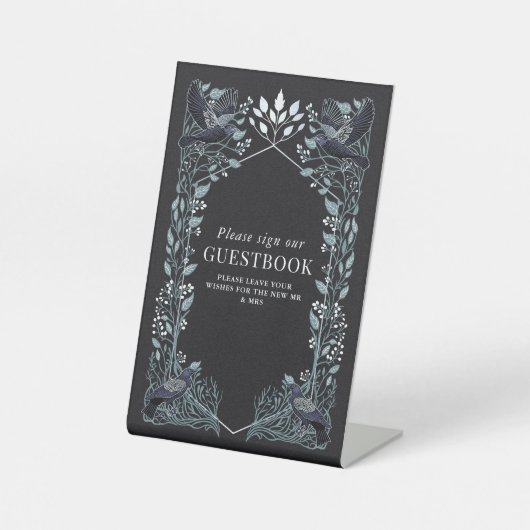Silver Gothic Raven Wedding Guestbook Sign Reclamebord Met Voetstuk (Voorkant)