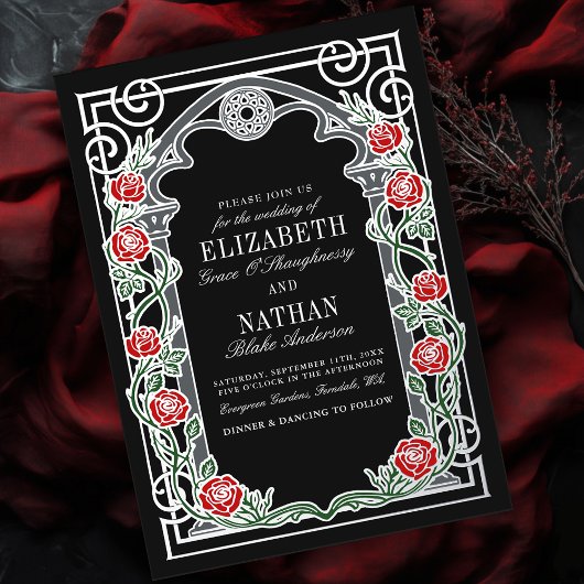 Silver Gothic Roses Cathedral Frame Wedding  Folie Uitnodiging