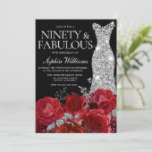 Silver Gown Red Roses 90th Birthday Party Black Kaart (Staand voorkant)