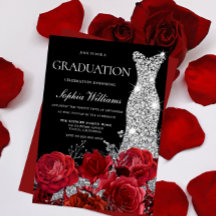 Silver Gown Red Roses Black Graduation Party Invit