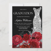 Silver Gown Red Roses Black Graduation Party Invit Kaart (Voorkant)