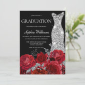 Silver Gown Red Roses Black Graduation Party Invit Kaart (Staand voorkant)