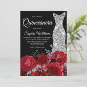 Silver Gown Red Roses Black Quinceanera Party Kaart (Staand voorkant)
