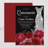 Silver Gown Red Roses Black Quinceanera Party Kaart (Voorkant / Achterkant)