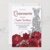 Silver Gown Red Roses Shimmer Quinceanera Party Kaart (Voorkant)
