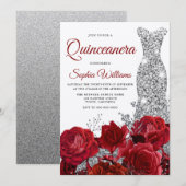 Silver Gown Red Roses Shimmer Quinceanera Party Kaart (Voorkant / Achterkant)