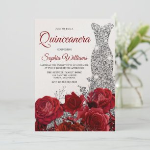 Silver Gown Red Roses Shimmer Quinceanera Party Kaart
