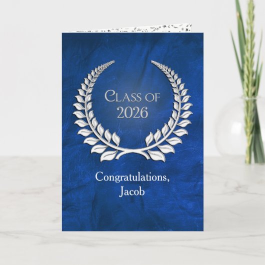 Silver Graduation 2026 Laurel Wreath On Blue Kaart (Voorkant)