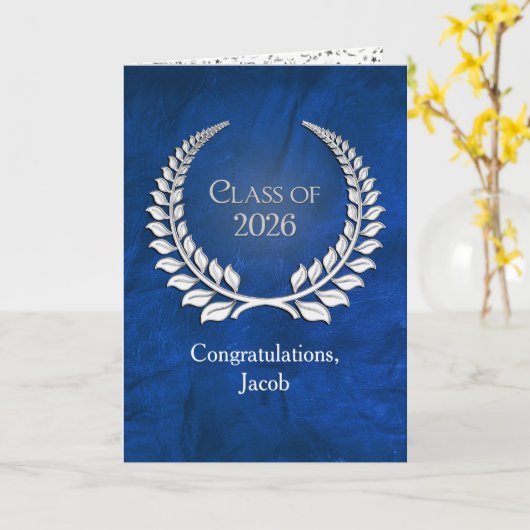 Silver Graduation 2026 Laurel Wreath On Blue Kaart (Gele Bloem)