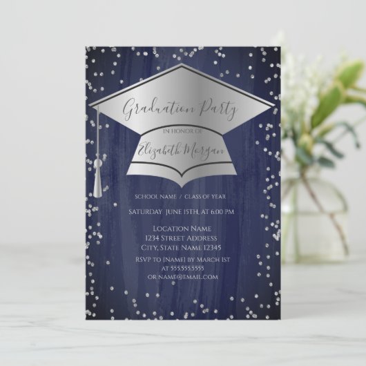 Silver Graduation Cap, Diamonds Blue Afstuderen Kaart (Staand voorkant)