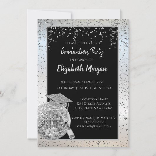 Silver Graduation Cap, Disco Ball Confetti, Wine Kaart (Voorkant)