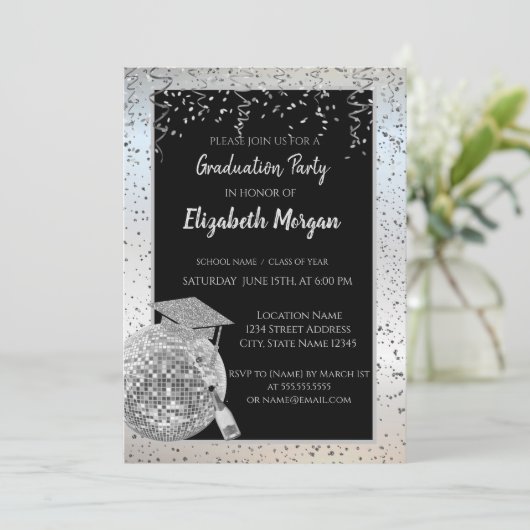 Silver Graduation Cap, Disco Ball Confetti, Wine Kaart (Staand voorkant)