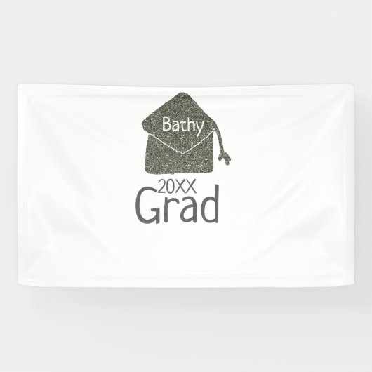 Silver graduation cap glitter add naam afstudeerde spandoek (Horizontaal)