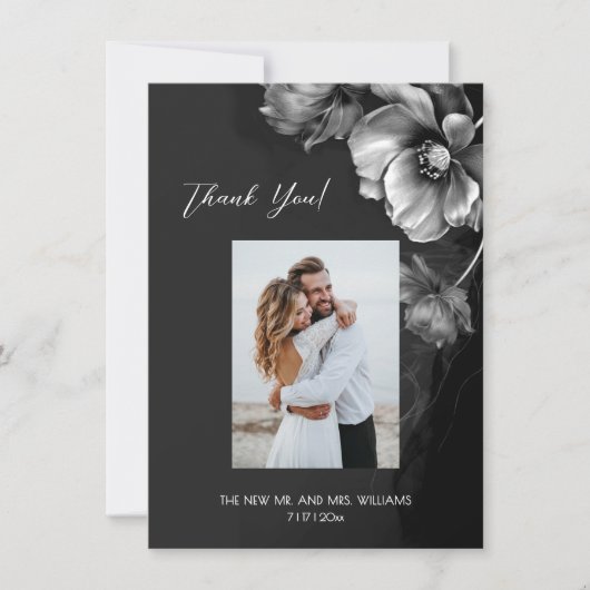 Silver Gray Black Floral Wedding Thank You Bedankkaart (Voorkant)