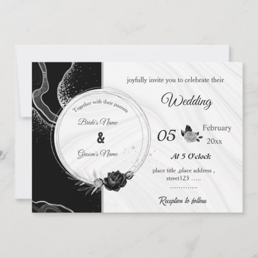 silver gray & black flowers botanical wedding kaart (Voorkant)