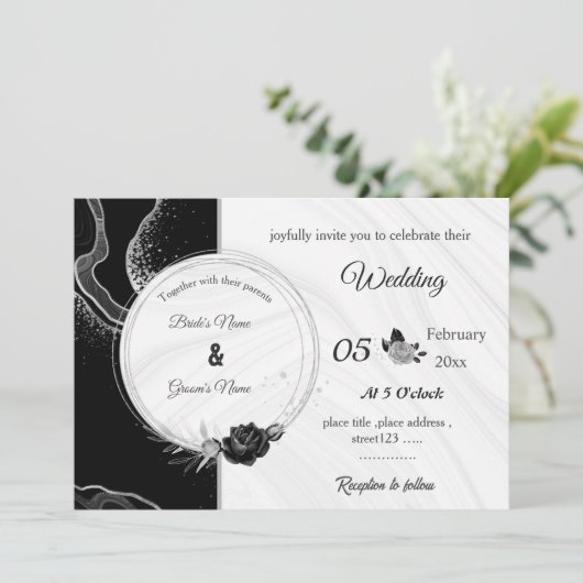 silver gray & black flowers botanical wedding kaart (Staand voorkant)