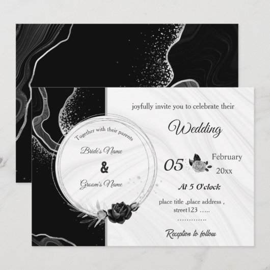 silver gray & black flowers botanical wedding kaart (Voorkant / Achterkant)