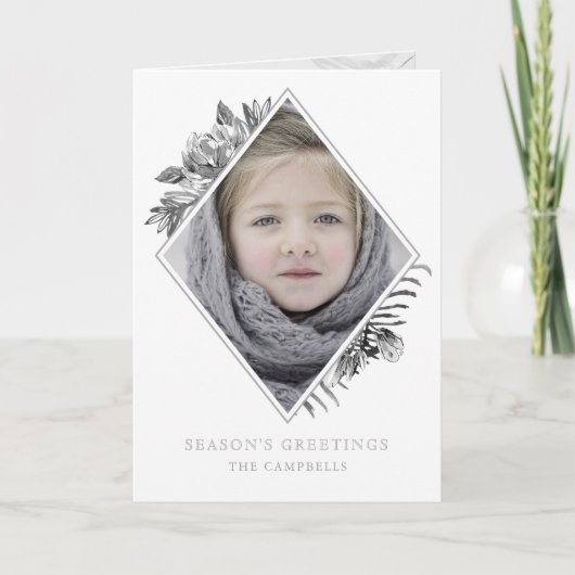 Silver Gray Botanical Elegant Photo Holiday Card Feestdagen Kaart (Voorkant)