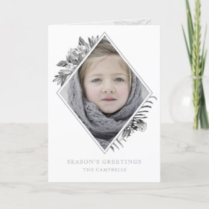 Silver Gray Botanical Elegant Photo Holiday Card Feestdagen Kaart