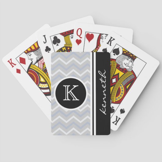 Silver Gray Chevron Black Monogram Naam Aangepast Pokerkaarten (Achterkant)