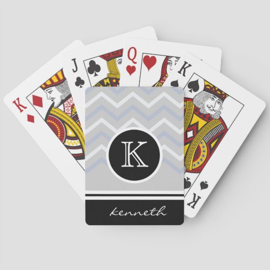 Silver Gray Chevron Black Monogram Naam Aangepast Pokerkaarten (Achterkant)