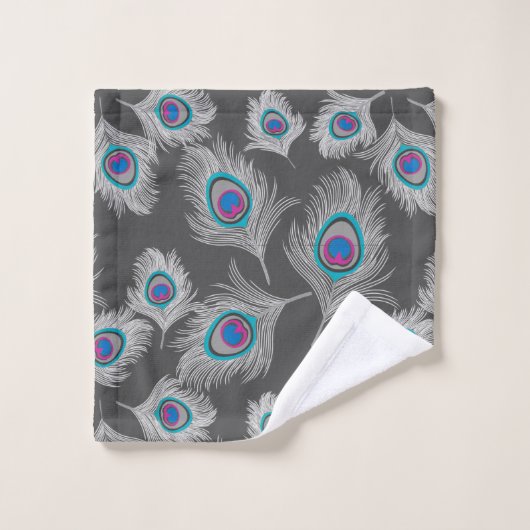 Silver Gray en Turquoise Peacock Feather Bad Handdoek (Wasdoekje)