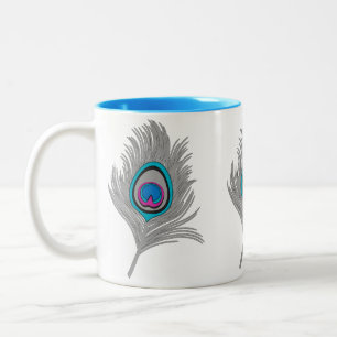Silver Gray en Turquoise Peacock Feather Tweekleurige Koffiemok