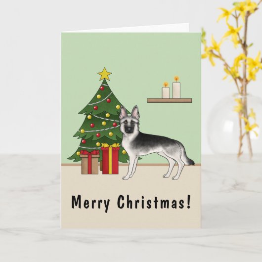 Silver Gray German Shepherd Festive Christmas Tree Kaart (Gele Bloem)