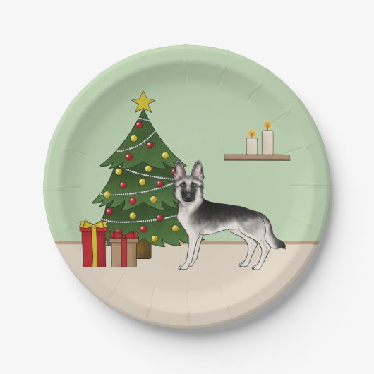 Silver Gray German Shepherd Festive Christmas Tree Papieren Bordje (Voorkant)
