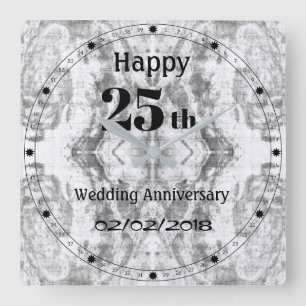 Silver Gray Marble 25th Wedding Anniversary Vierkante Klok
