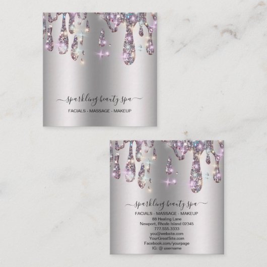 *~* SILVER GRAY Metal Drip GLITTER AP7 Vierkante Visitekaartje (Voorkant / Achterkant)