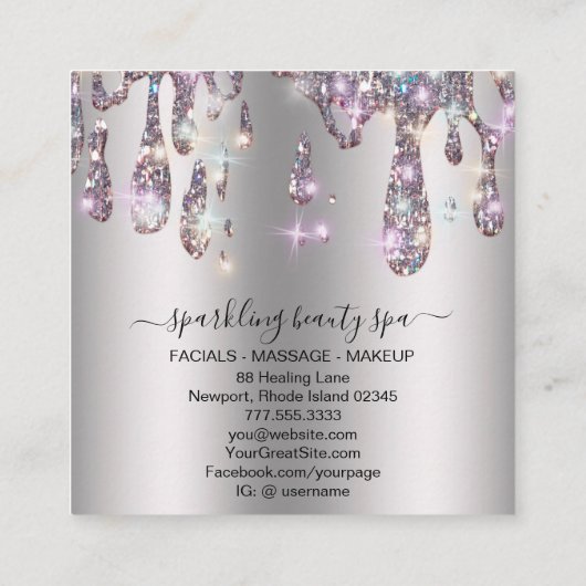 *~* SILVER GRAY Metal Drip GLITTER AP7 Vierkante Visitekaartje (Achterkant)