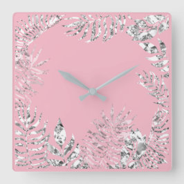 Silver Gray Pink Palm Botanical Metallic Vierkante Klok