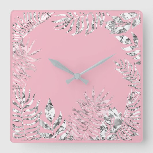 Silver Gray Pink Palm Botanical Metallic Vierkante Klok (Voorkant)