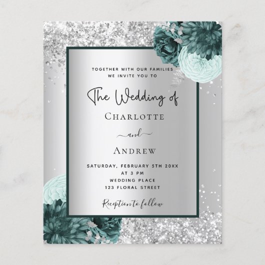Silver green floral budget bruiloft-uitnodiging flyer (Voorkant)