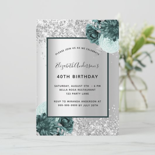 Silver green floral elegant jarig kaart (Staand voorkant)