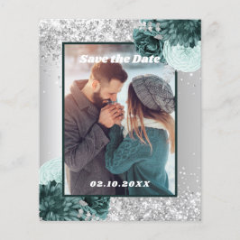 Silver green floral foto Save the Date bruiloft Flyer