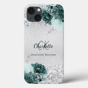 Silver green florals elegant monogram name Case-Mate iPhone case