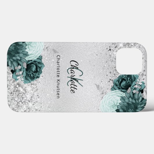 Silver green florals elegant monogram name Case-Mate iPhone case (Achterkant (horizontaal))