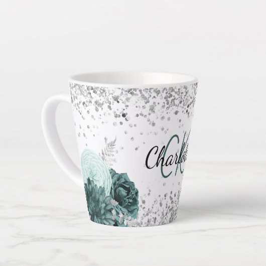 Silver green florals elegant monogram name latte mok (Linkerhoek)
