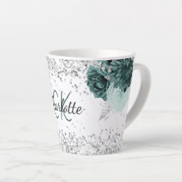 Silver green florals elegant monogram name latte mok