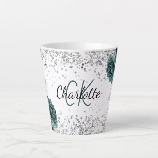 Silver green florals elegant monogram name latte mok (Voorkant)