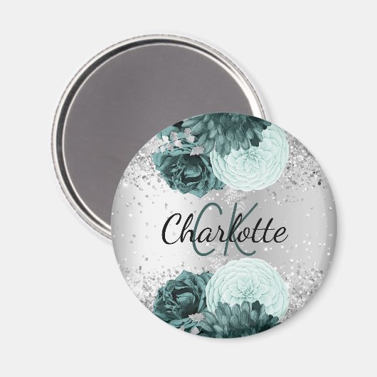 Silver green florals elegant monogram name magneet (Voorkant / Achterkant)