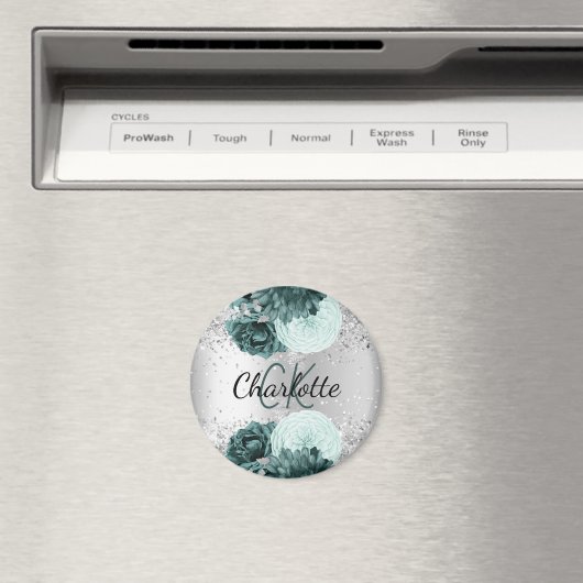 Silver green florals elegant monogram name magneet (Insitu (Vaatwasser))